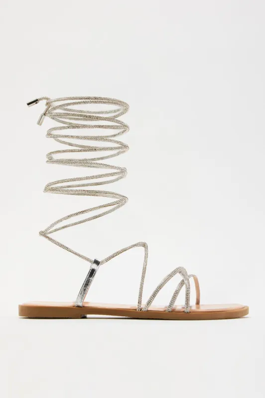 Sweetest Days Wrap Up Flat Sandals - Silver sold by Fashion Nova