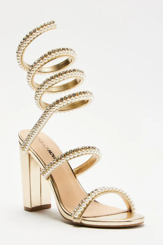 Xenia Pearl Wrap Up Heels - Gold sold by Fashion Nova