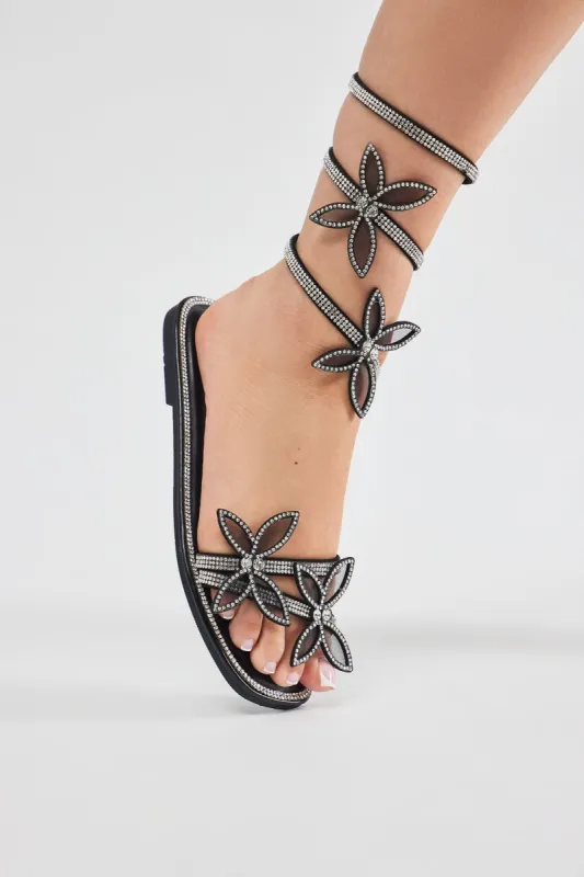Oh So Heavenly Embellished Wrap Up Flat Sandals - Black sold by Fashion Nova