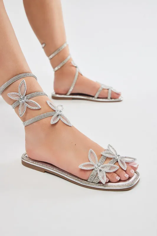 Oh So Heavenly Embellished Wrap Up Flat Sandals - Silver sold by Fashion Nova