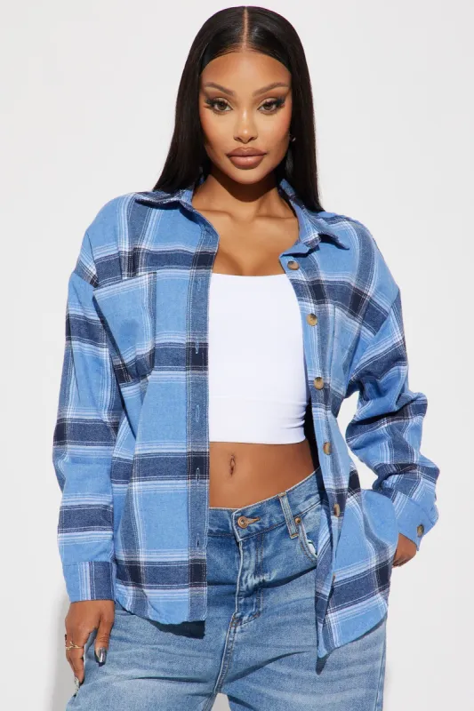 Cleo Plaid Shacket - Blue/combo sold by Fashion Nova