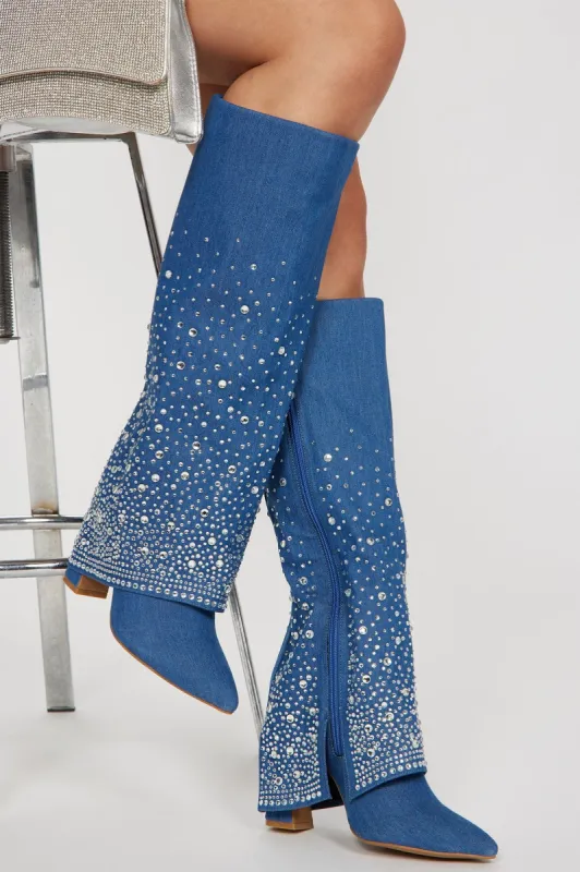 The Best Vibe Knee High Heeled Boots - Denim sold by Fashion Nova