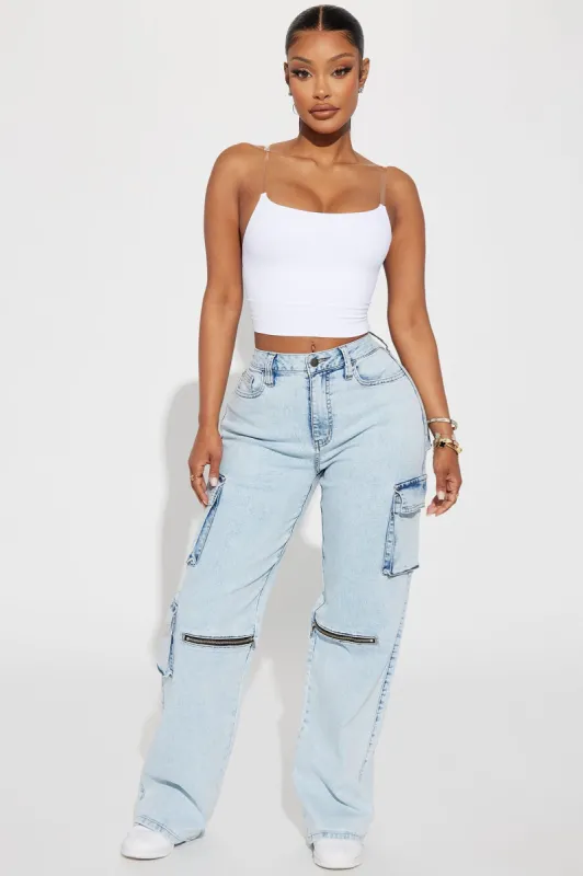 Eyes On The Prize Low Stretch Cargo Jeans - Light Wash sold by Fashion Nova