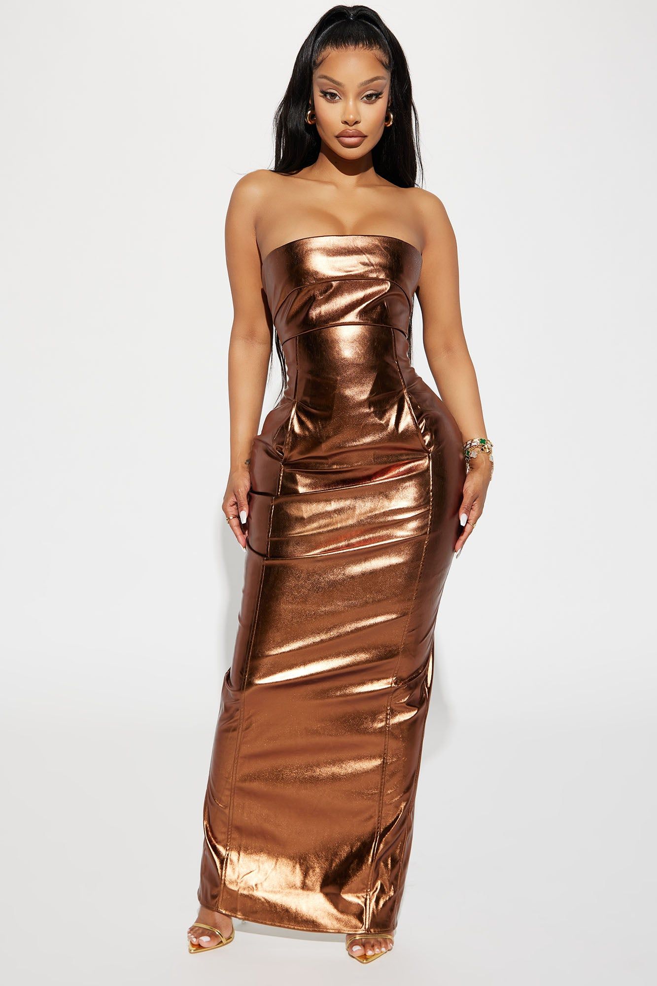 Mercury Metallic Maxi Dress - Bronze sold by Fashion Nova