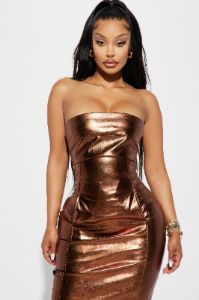 Mercury Metallic Maxi Dress - Bronze sold by Fashion Nova