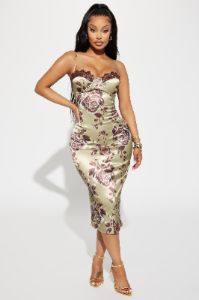 Rosemary Satin Midi Dress - Sage/combo sold by Fashion Nova