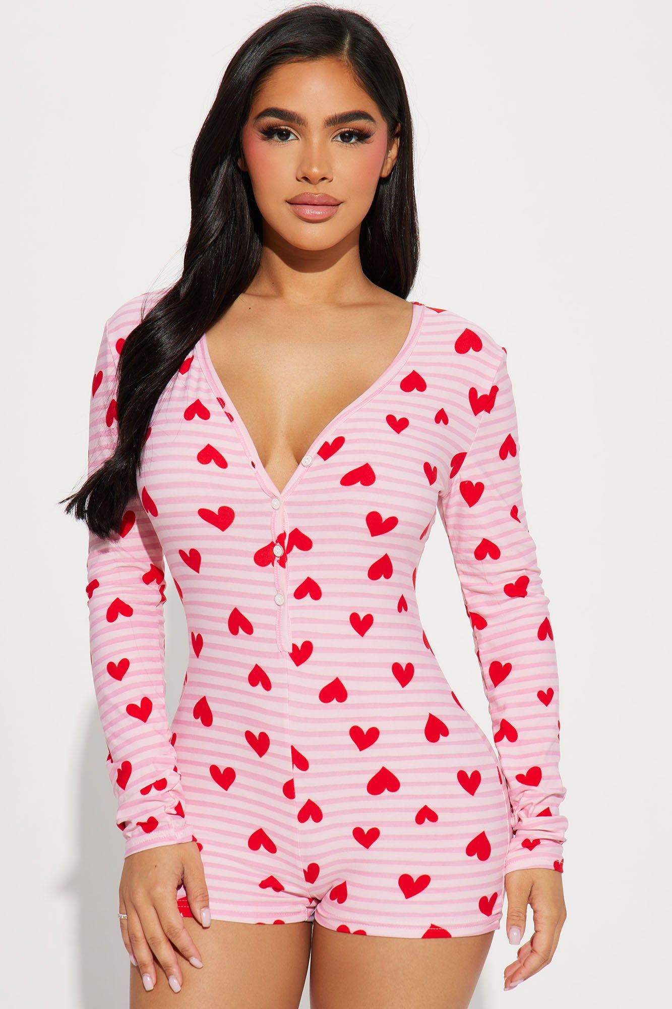 All My Heart Long Sleeve PJ Romper Onesie - Red/combo sold by Fashion Nova