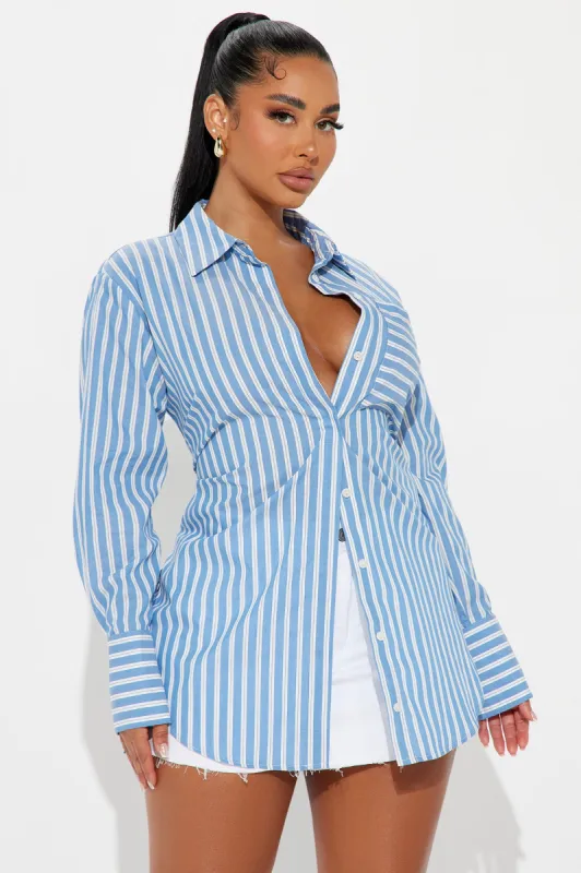 June Oversized Striped Shirt - Blue/combo sold by Fashion Nova