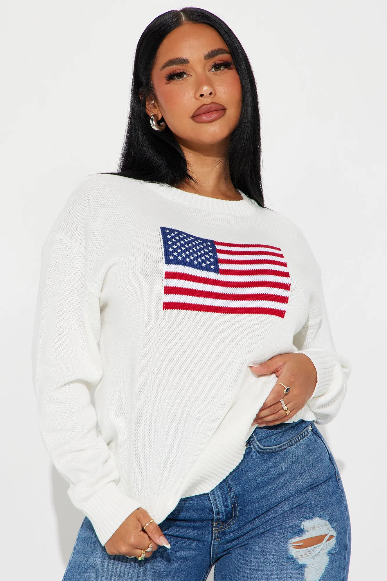 Stars And Stripes American Flag Sweater - Ivory/combo sold by Fashion Nova