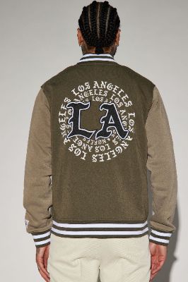 LA Palm Tree Varsity Jacket - Olive made by Fashion Nova