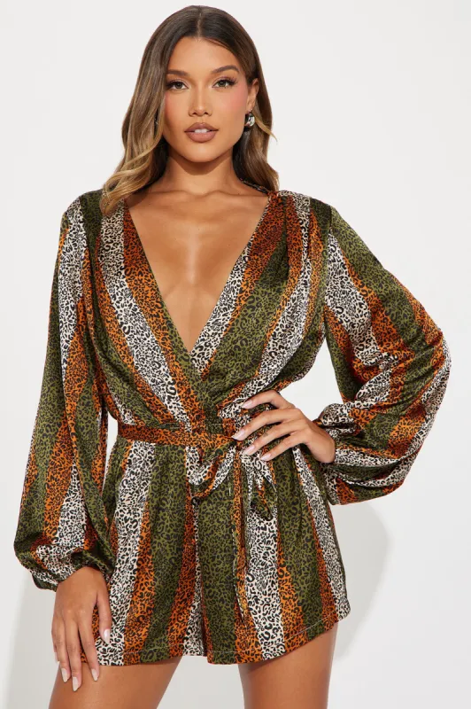 Never Tamed Romper - Brown/combo sold by Fashion Nova