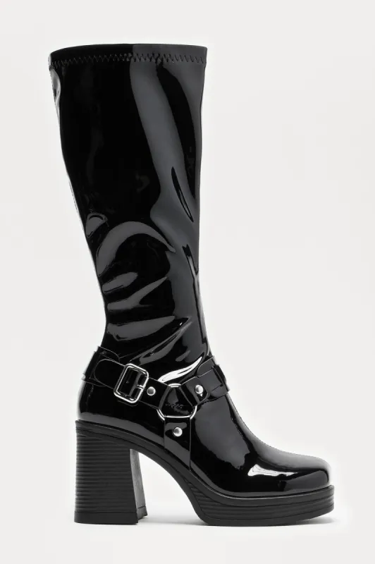 Bianca Buckle Knee High Boots - Black sold by Fashion Nova