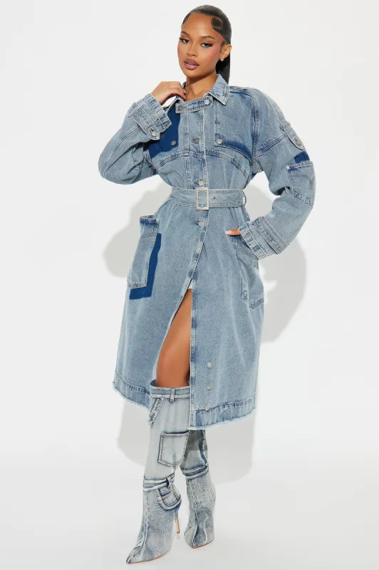 All Mixed Up Denim Trench - Light Wash sold by Fashion Nova