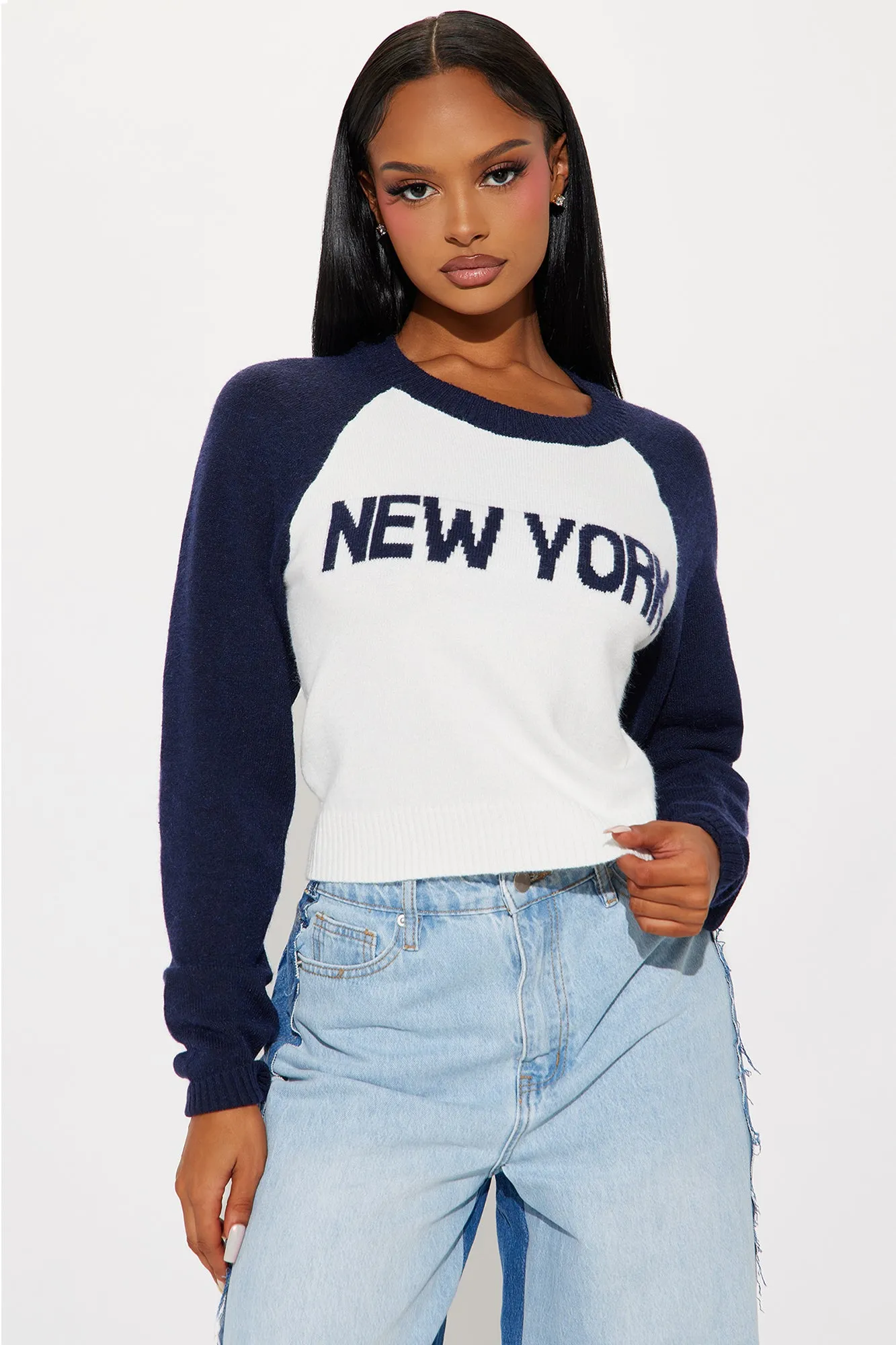A New York Minute Sweater - Navy/combo sold by Fashion Nova