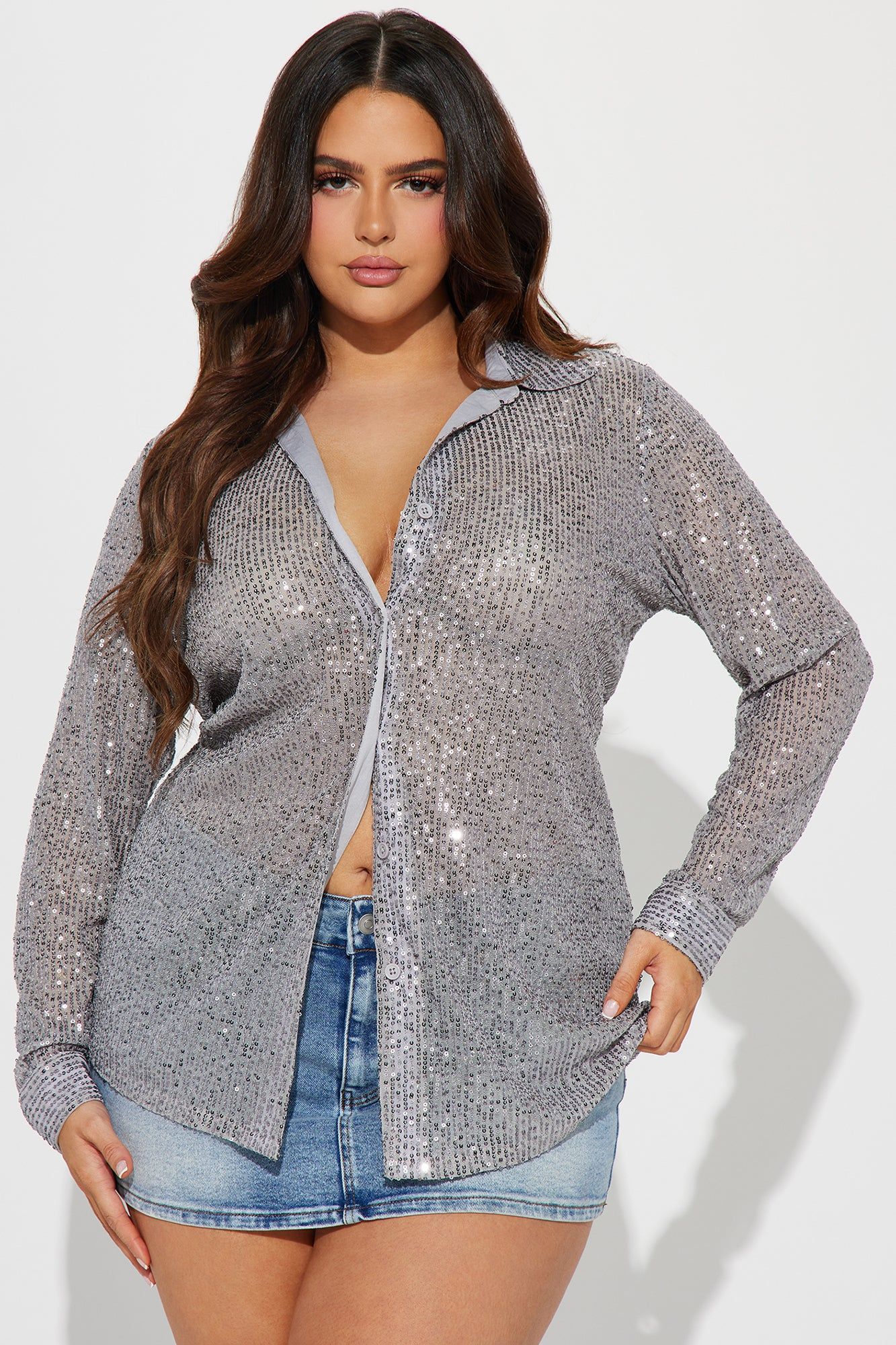 Turn Up The Lights Sequin Shirt - Silver sold by Fashion Nova product image thumbnail 4