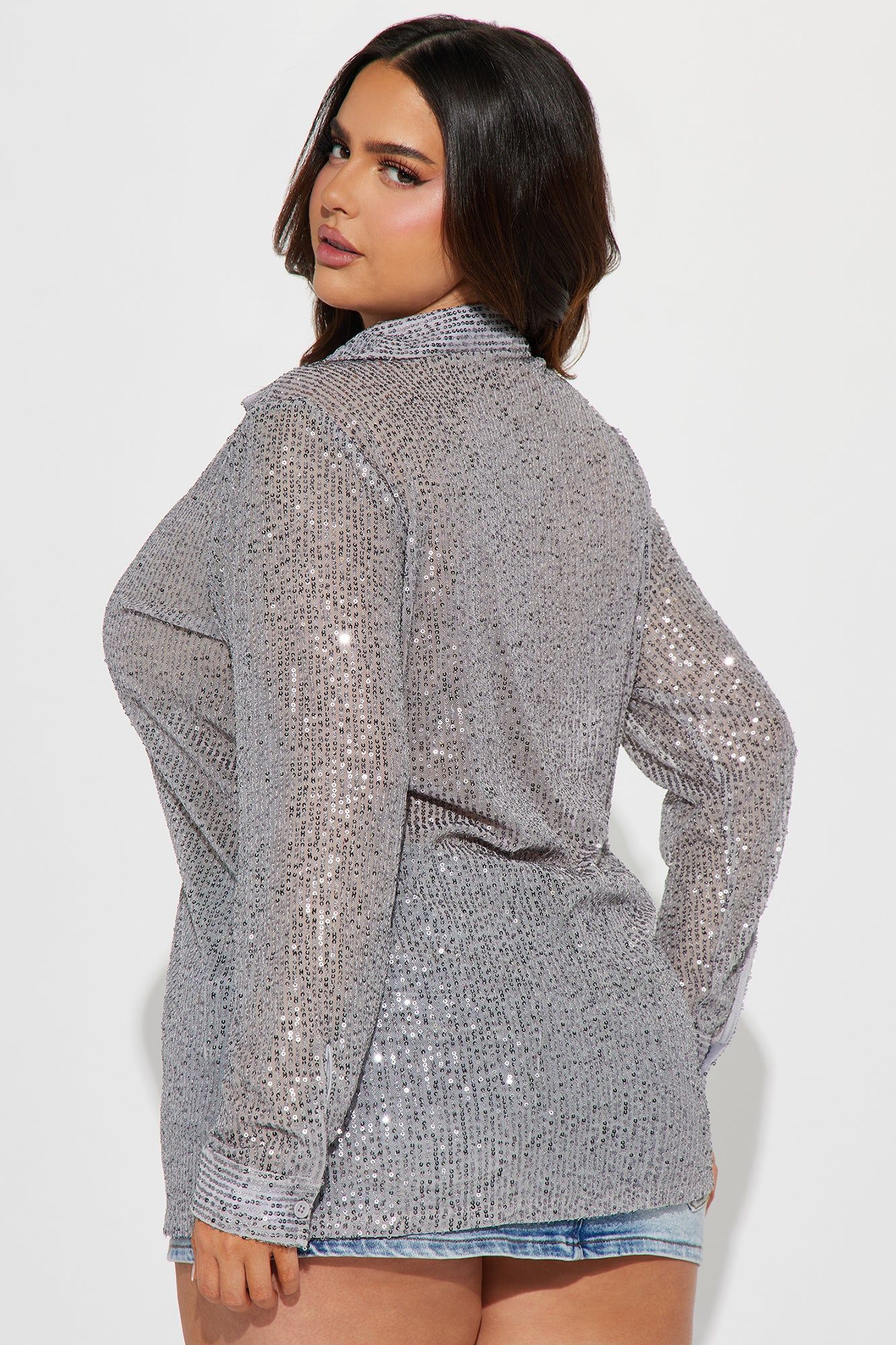 Turn Up The Lights Sequin Shirt - Silver sold by Fashion Nova product image thumbnail 6