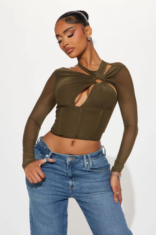 Yours Truly Mesh Corset Top - Olive sold by Fashion Nova