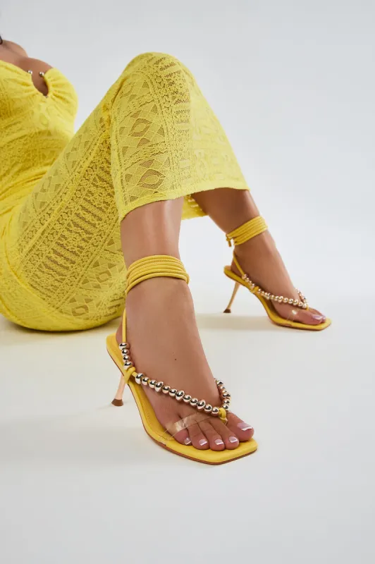 Keep Track Wrap Up Heels - Yellow sold by Fashion Nova