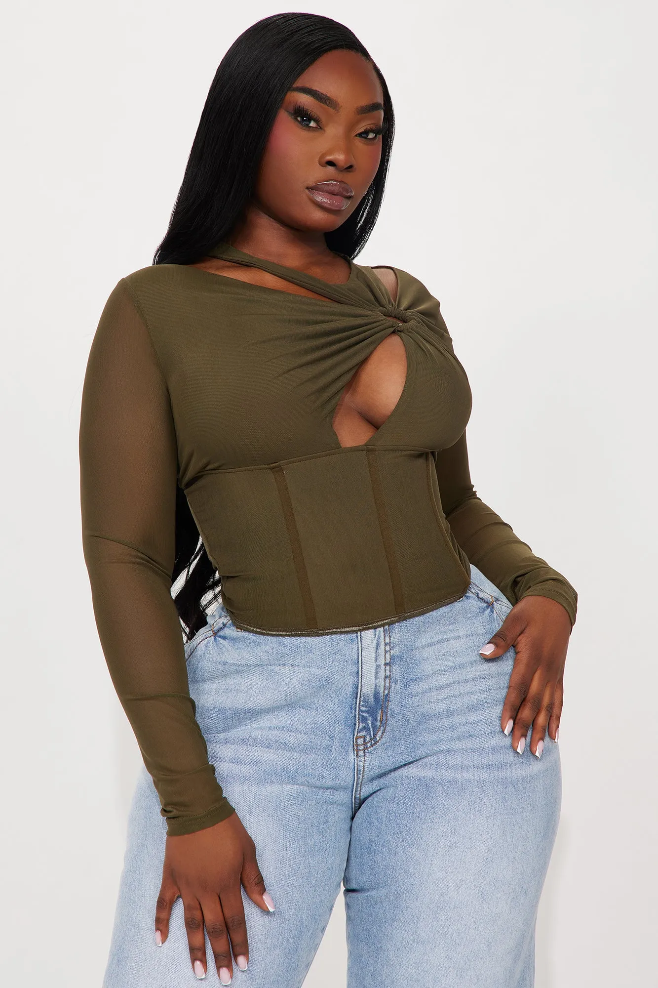Yours Truly Mesh Corset Top - Olive sold by Fashion Nova product image thumbnail 4