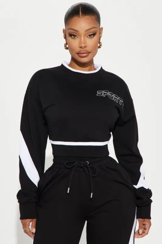 Sporty And Flirty Cropped Sweatshirt - Black/White sold by Fashion Nova