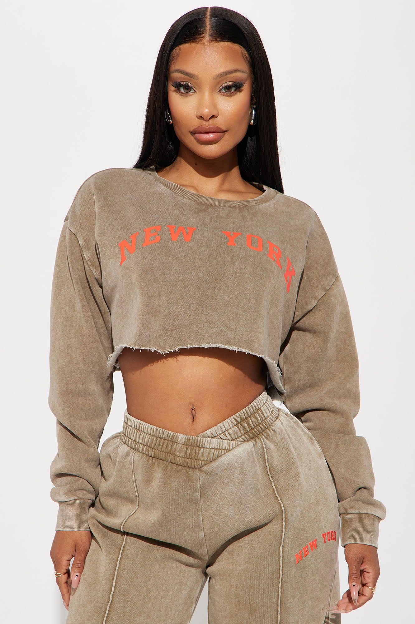 New York Cropped Sweatshirt - Taupe/combo sold by Fashion Nova