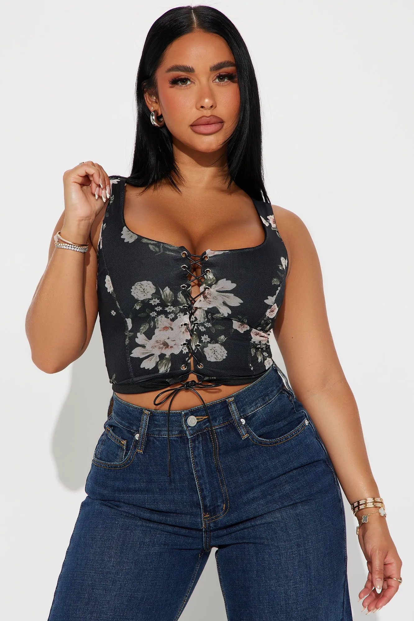 Francesca Floral Corset Top - Black sold by Fashion Nova