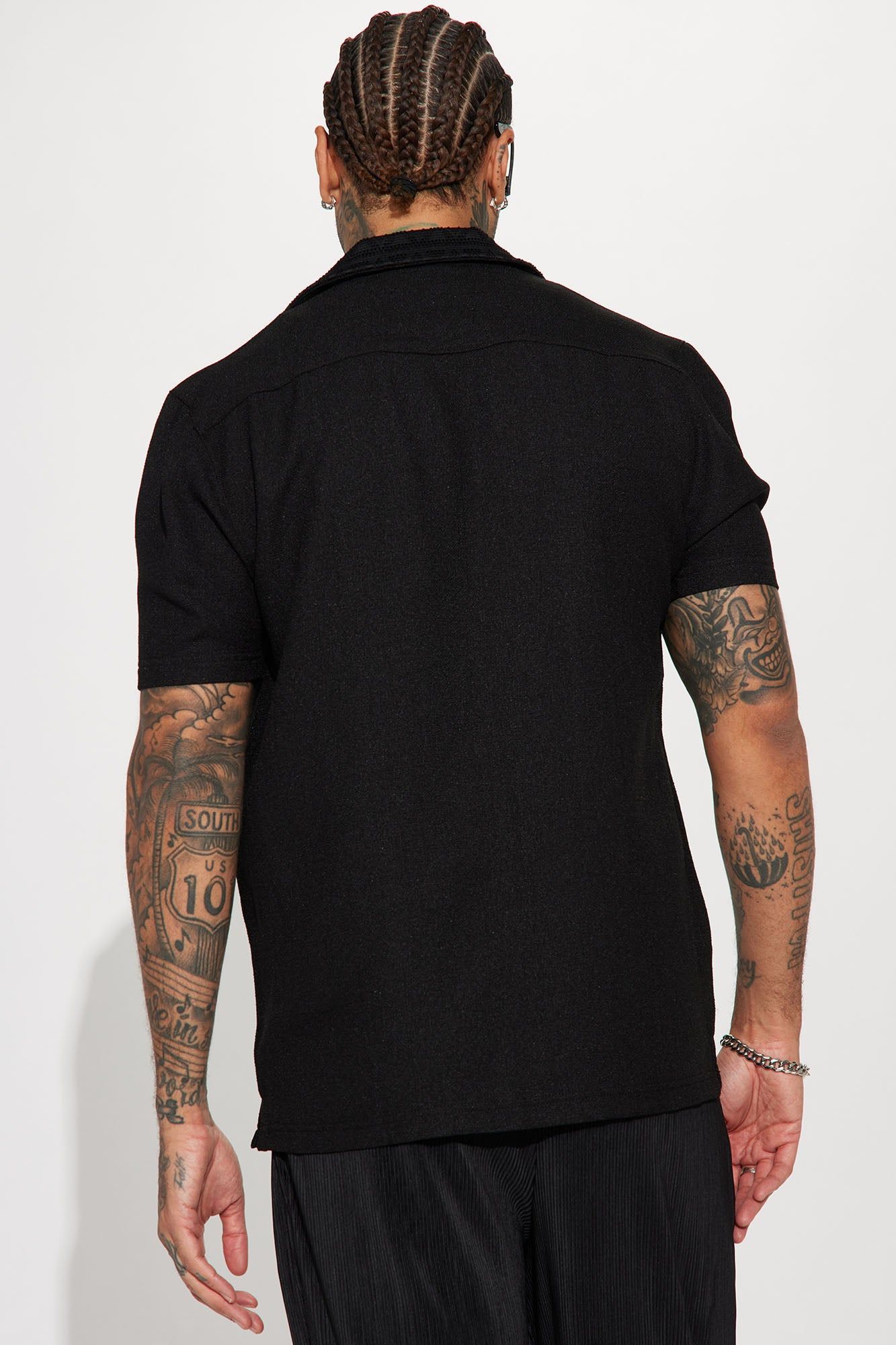 Vertical Crochet Pattern Short Sleeve Button Up Shirt - Black sold by Fashion Nova product image thumbnail 4