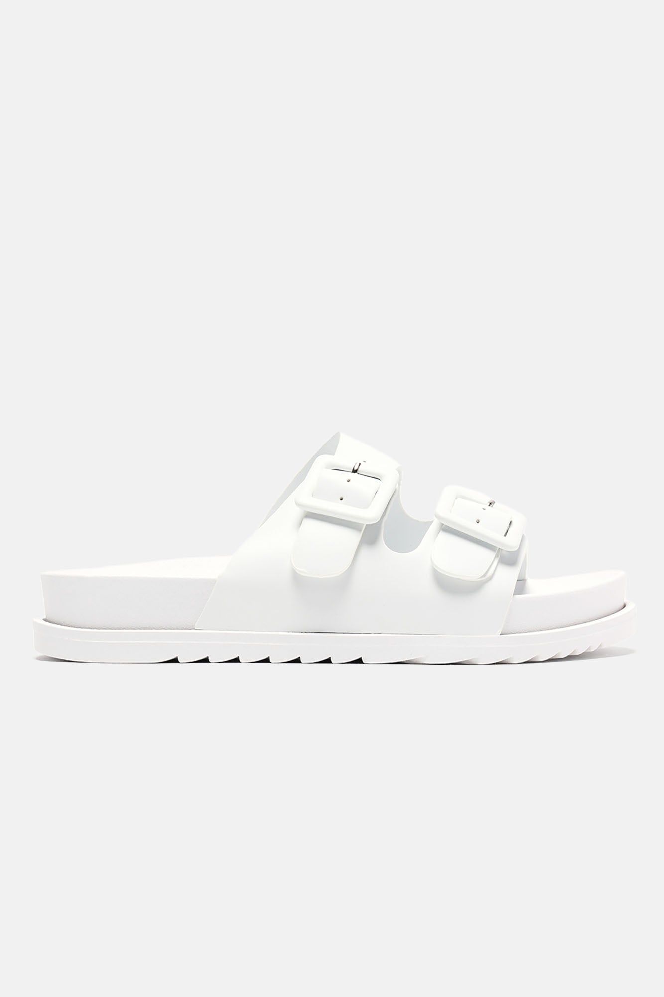 Jaylene Buckle Slides - White sold by Fashion Nova