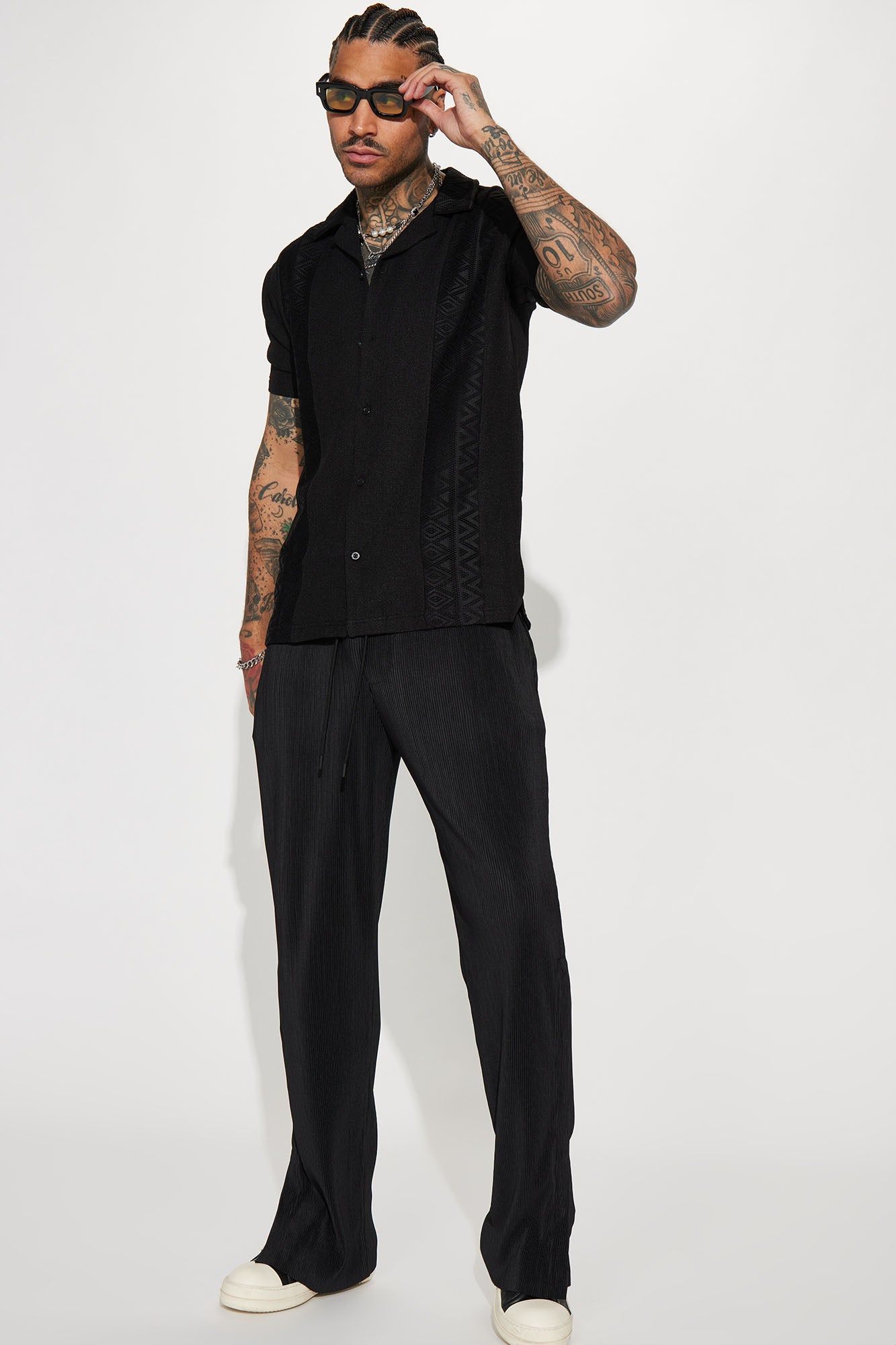 Vertical Crochet Pattern Short Sleeve Button Up Shirt - Black sold by Fashion Nova product image thumbnail 3