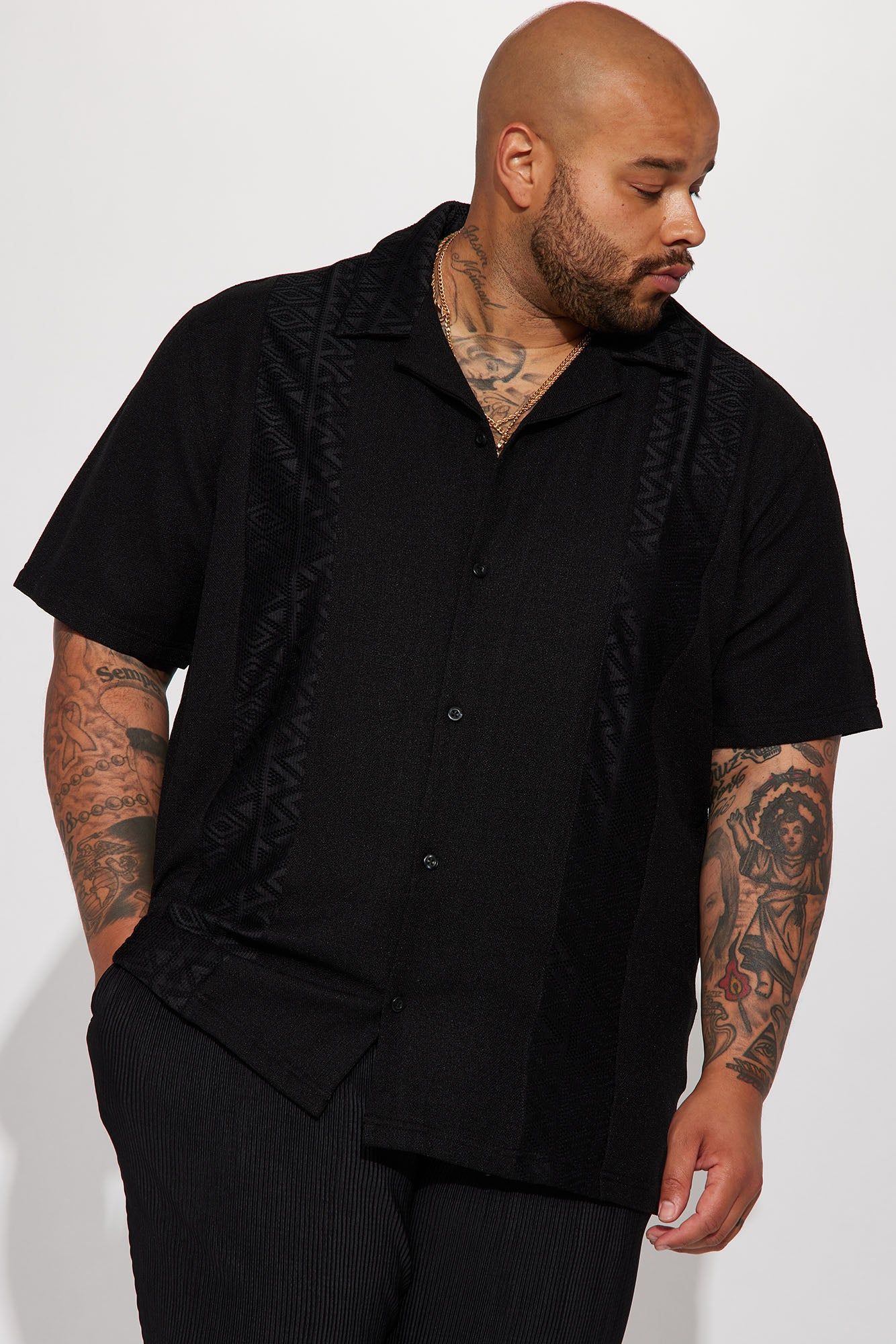 Vertical Crochet Pattern Short Sleeve Button Up Shirt - Black sold by Fashion Nova product image thumbnail 2