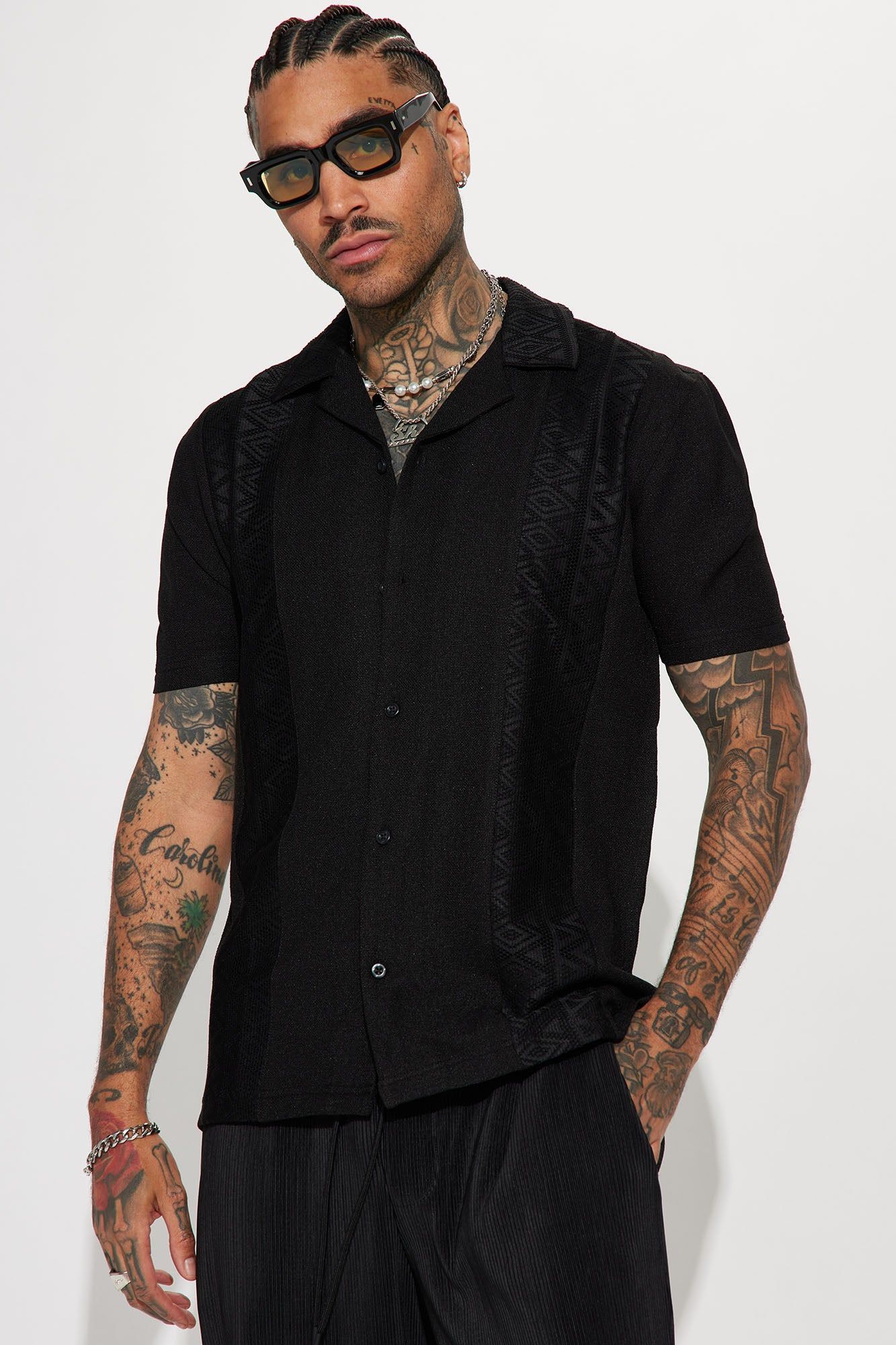 Vertical Crochet Pattern Short Sleeve Button Up Shirt - Black sold by Fashion Nova