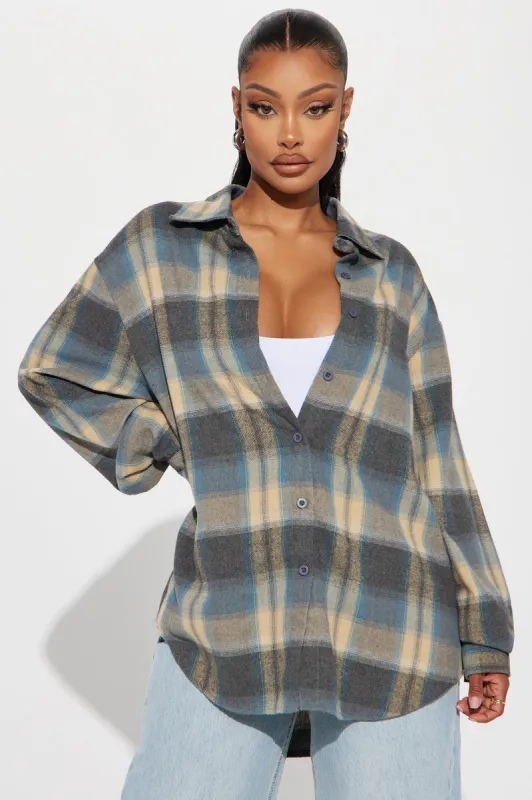 Party In The Back Plaid Shirt - Taupe/combo sold by Fashion Nova