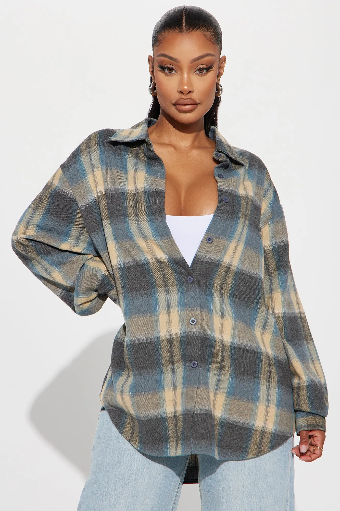 Party In The Back Plaid Shirt - Taupe/combo sold by Fashion Nova