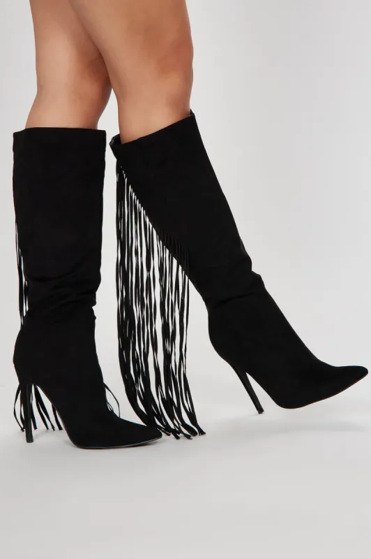 Very Inspired Knee High Fringe Boots - Black sold by Fashion Nova