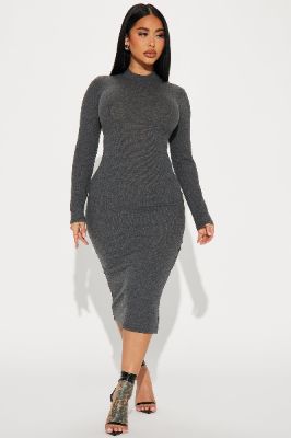 Mya Ribbed Midi Dress - Charcoal sold by Fashion Nova