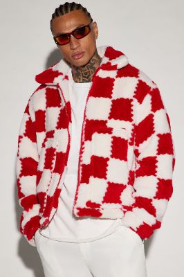 Playin' Chess Sherpa Jacket - Red/combo sold by Fashion Nova