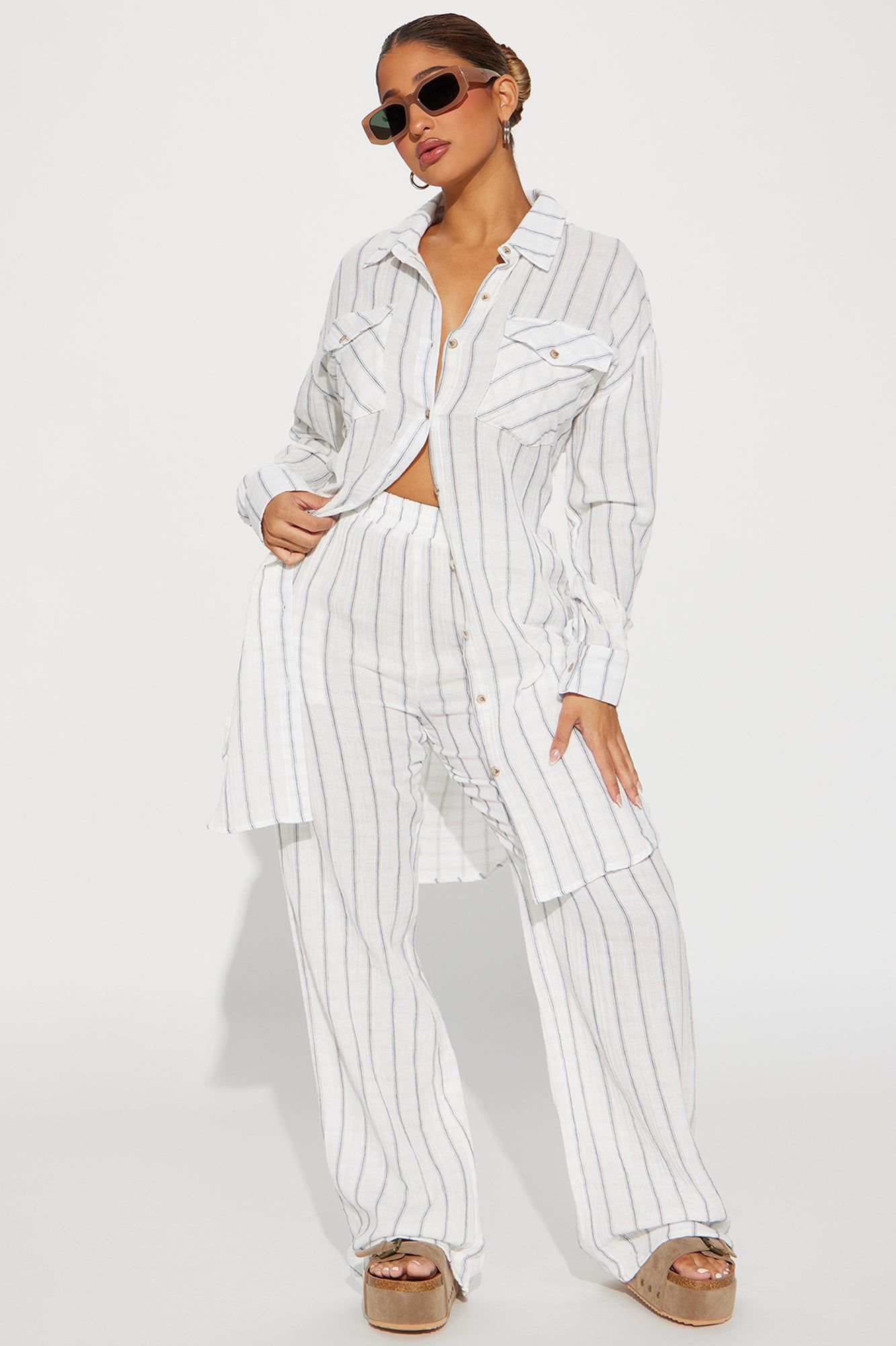 The Perfect Striped Pant Set - White/combo sold by Fashion Nova