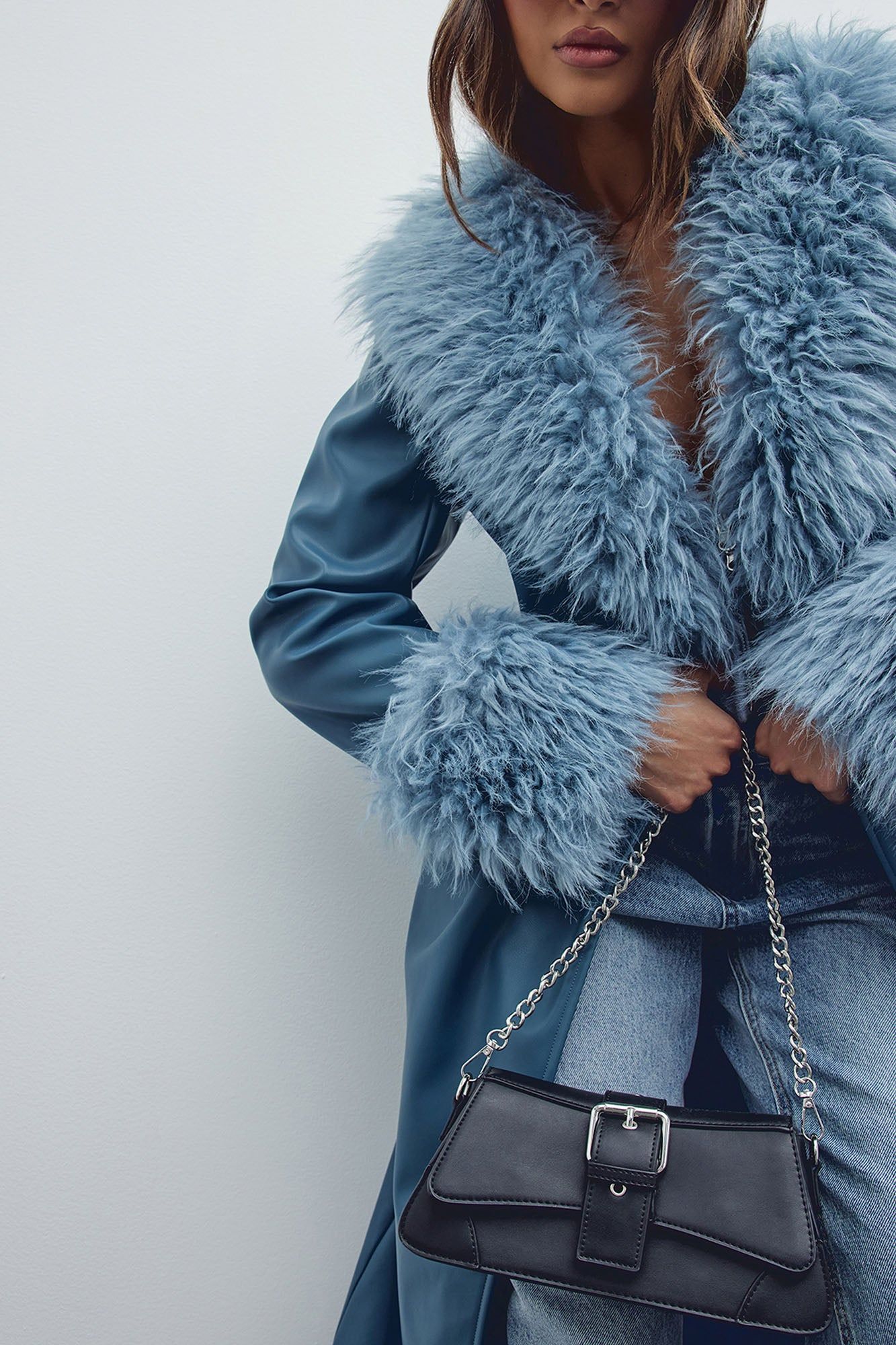 Lavish Living Faux Leather Trench Coat - Slate Blue sold by Fashion Nova