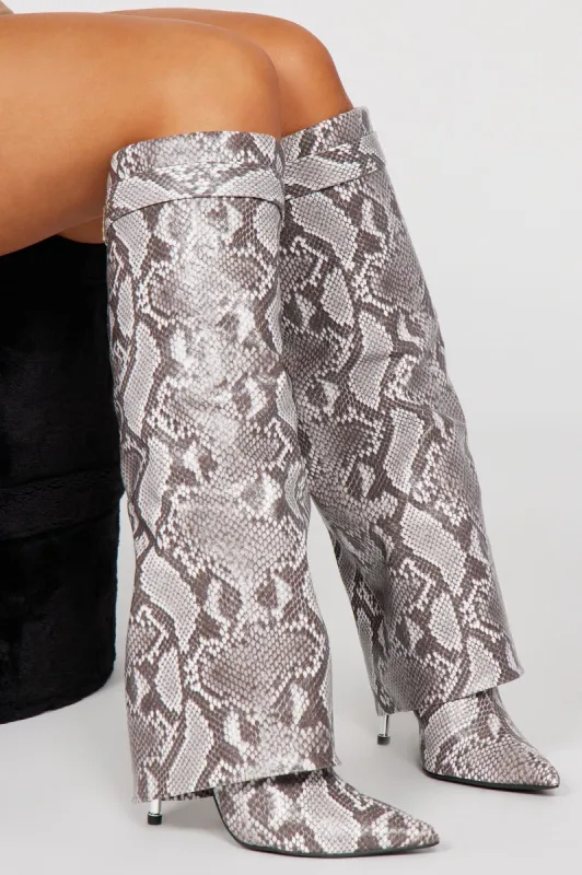 Natalia Overlay Knee High Boots - Grey/combo sold by Fashion Nova