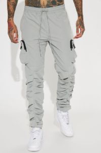 Stacked Ruched Nylon Cargo Pants - Charcoal sold by Fashion Nova