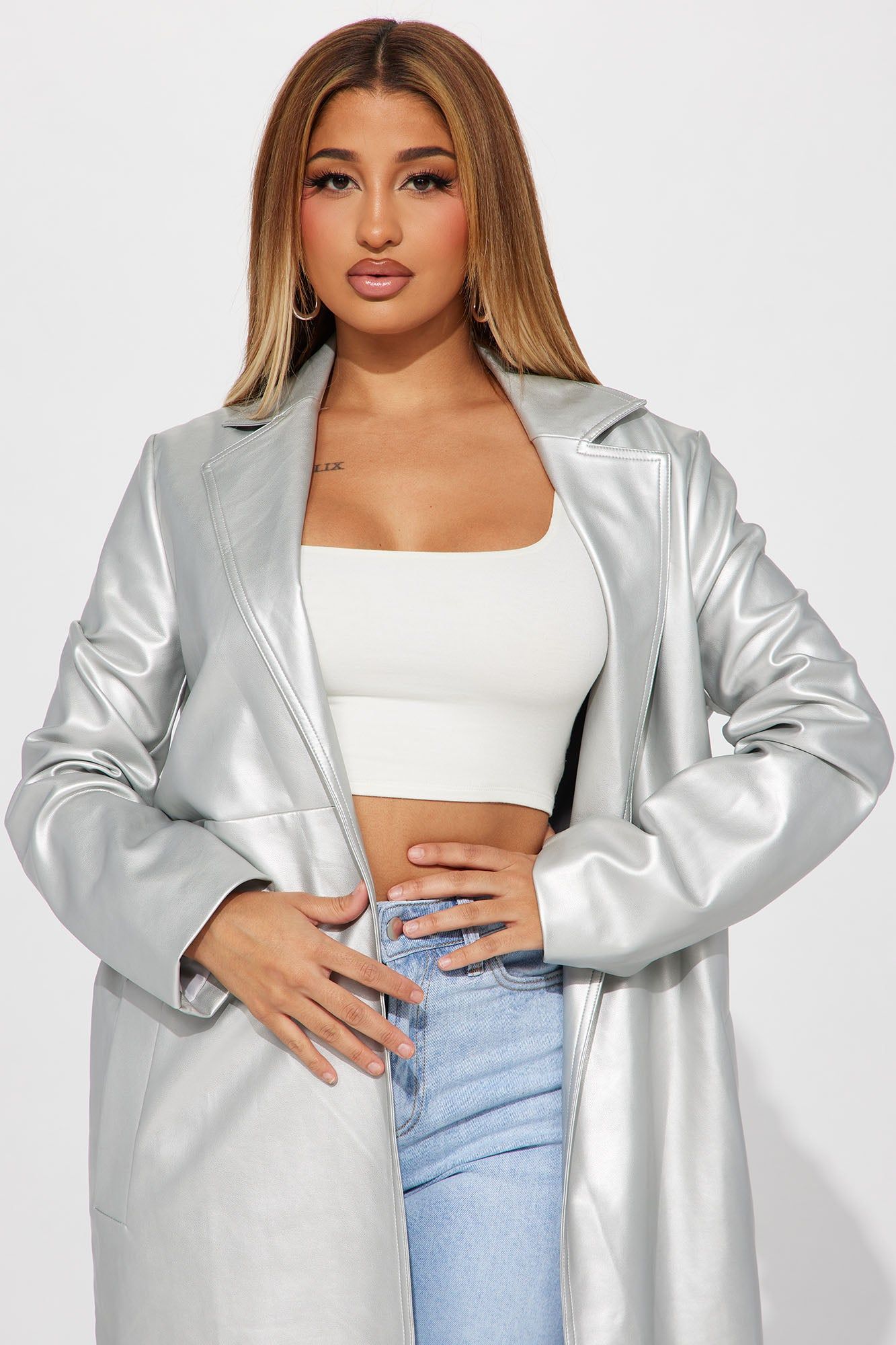 Into The Night Faux Leather Trench Coat - Silver sold by Fashion Nova product image thumbnail 2