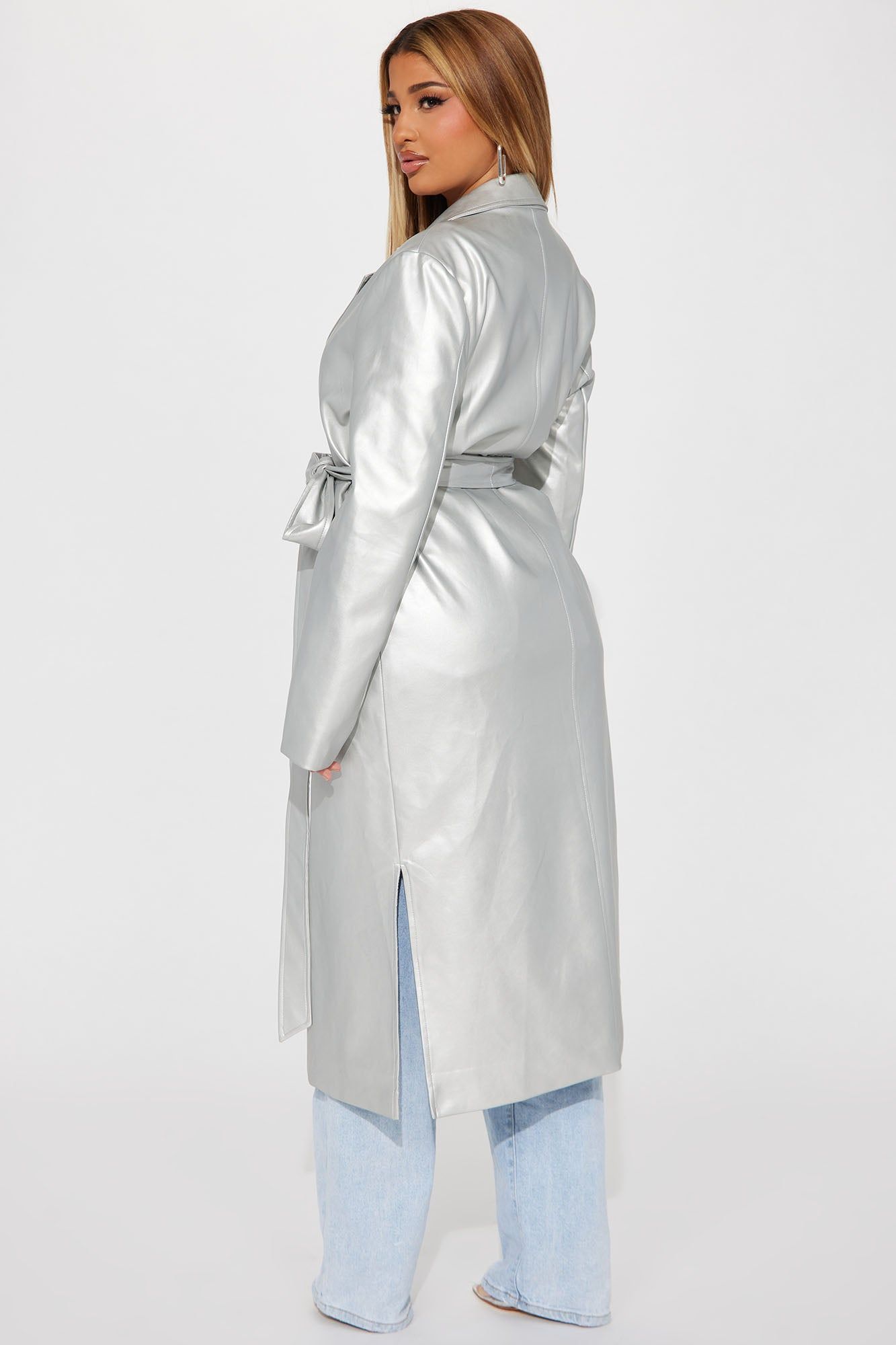 Into The Night Faux Leather Trench Coat - Silver sold by Fashion Nova product image thumbnail 3