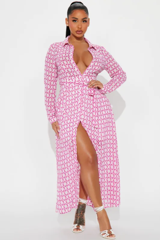 Tara Chiffon Midi Shirt Dress - Pink/combo sold by Fashion Nova