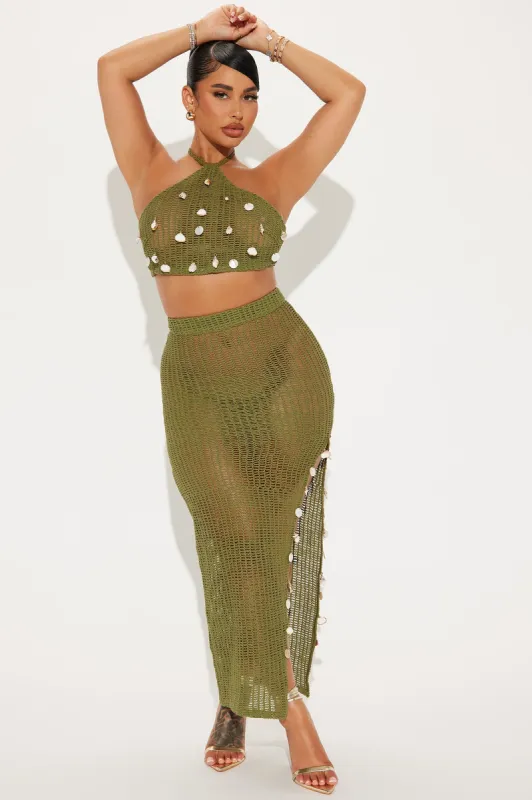 Lost In Seashells Crochet Skirt Set - Olive sold by Fashion Nova