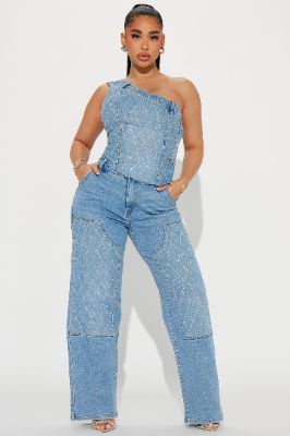 Carelessly Me Rhinestone Denim Pant Set - Medium Wash made by Fashion Nova