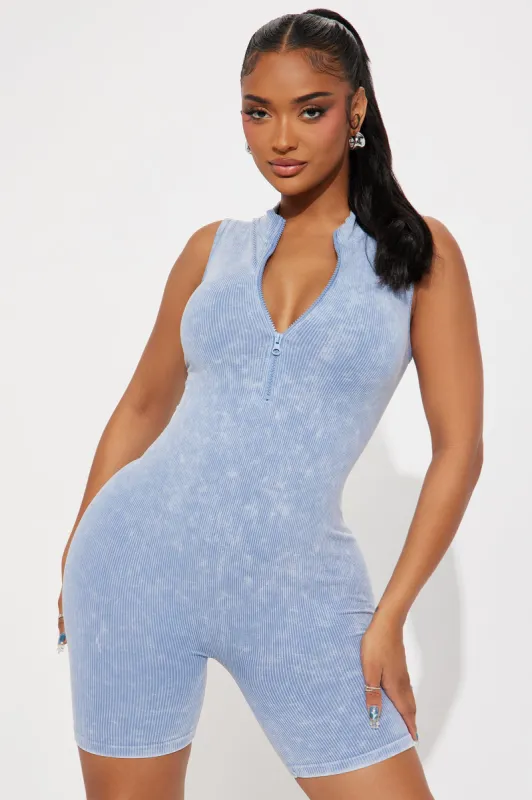 Rowan Washed Seamless Romper - Blue sold by Fashion Nova