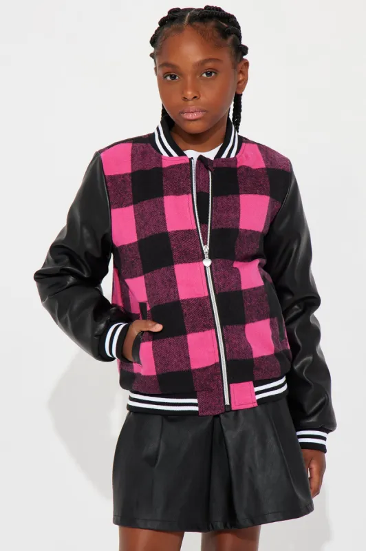 Mini Game On Bomber Jacket - Pink/combo sold by Fashion Nova