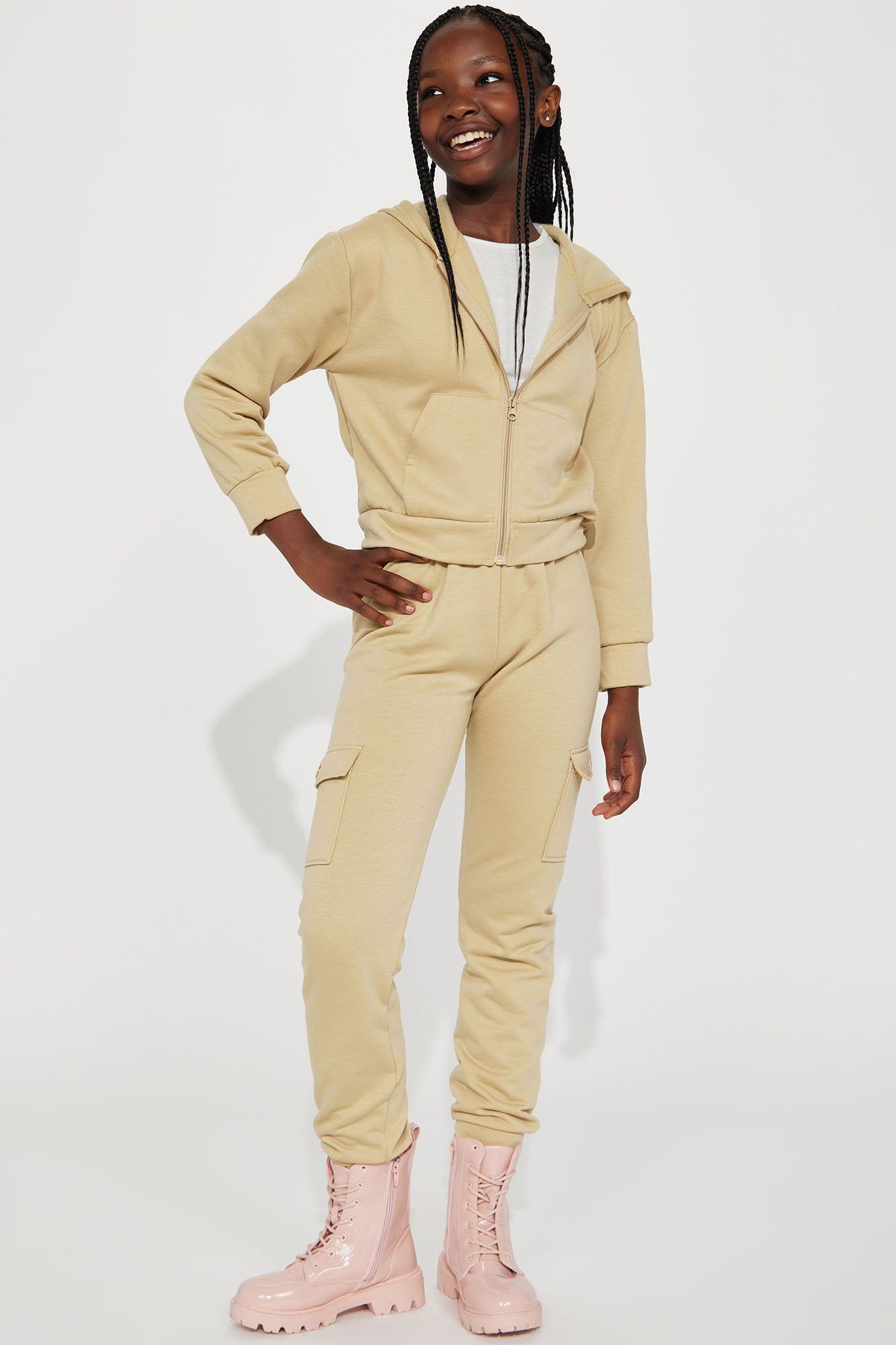 Mini Boujee Heart Fleece Jogger Set - Khaki sold by Fashion Nova