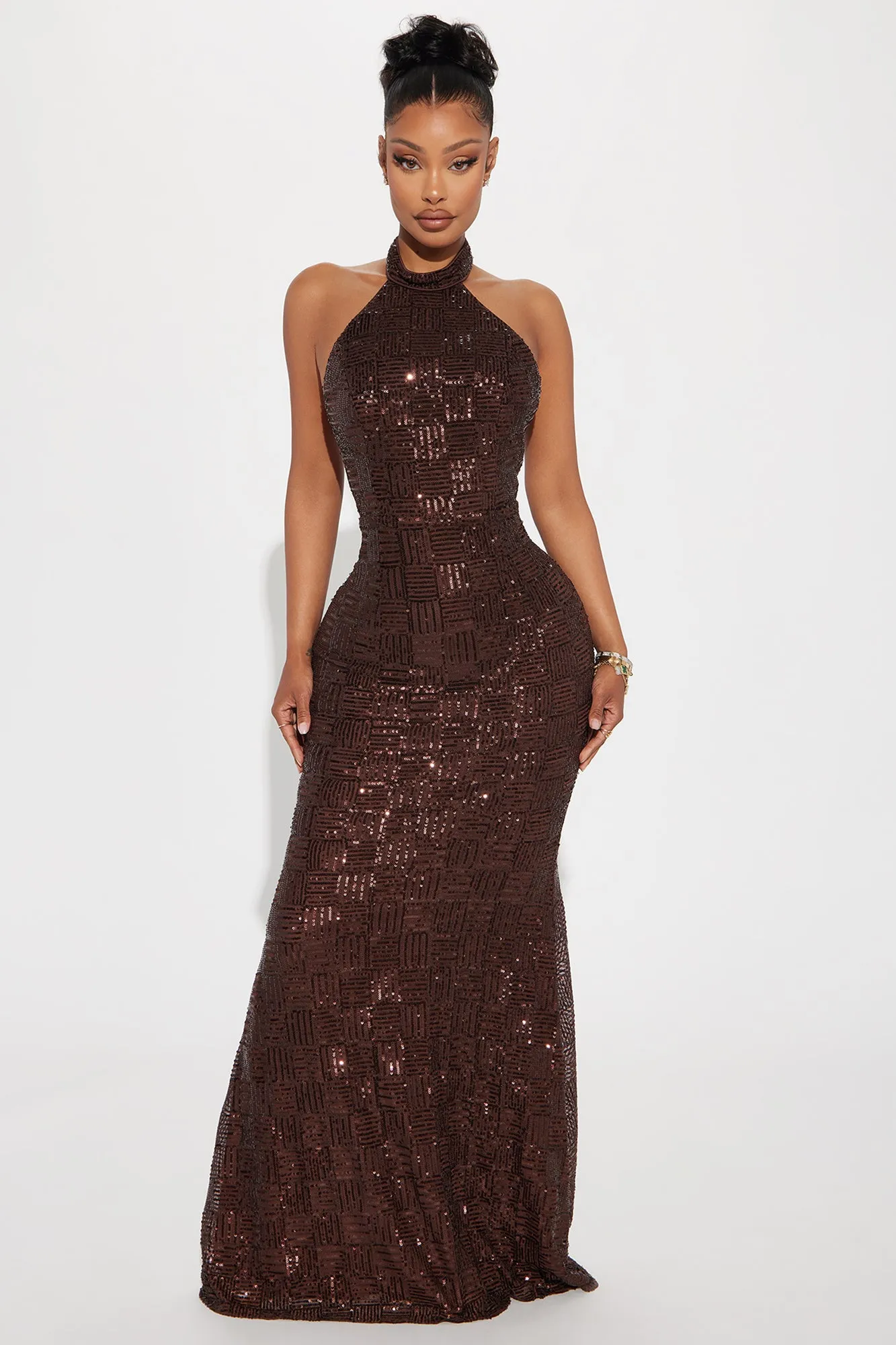 Dora Backless Sequin Maxi Dress - Chocolate sold by Fashion Nova