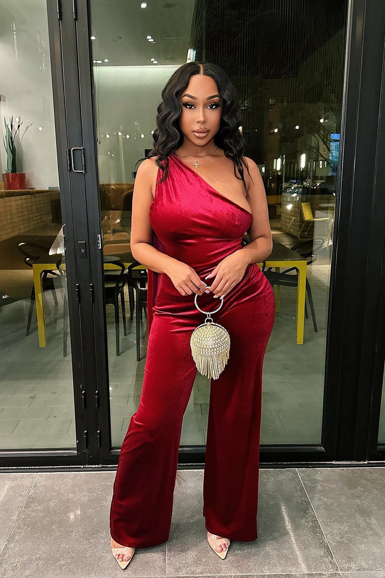 Fashion Fusion Velvet Jumpsuit - Burgundy sold by Fashion Nova